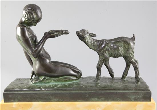 Marcel Courbier (1898-1976). A 1920s bronze figure group La Jeune Fille au Chevreau, height 11.75in. length 16.25in.